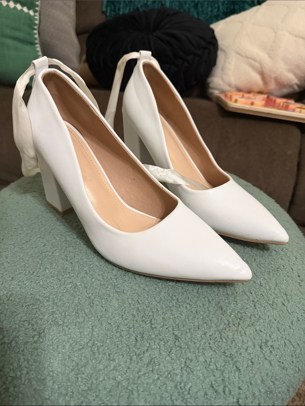 Fashion Nova White Pointed Block Heel Pumps with Back Tie